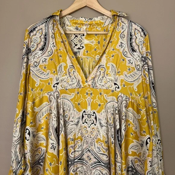 {Free People} Field of Butterflies Swing Tunic Top with Long Sleeves in Gold - Picture 3 of 11